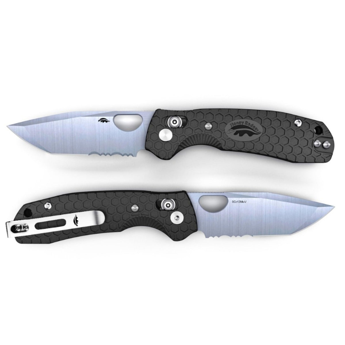 Medium-Large Tanto Crossbolt 50/50 Plain Serrated Knife - FRN Handles - 8Cr13MoV Steel - Dealer - Honey Badger Knives- HB6121