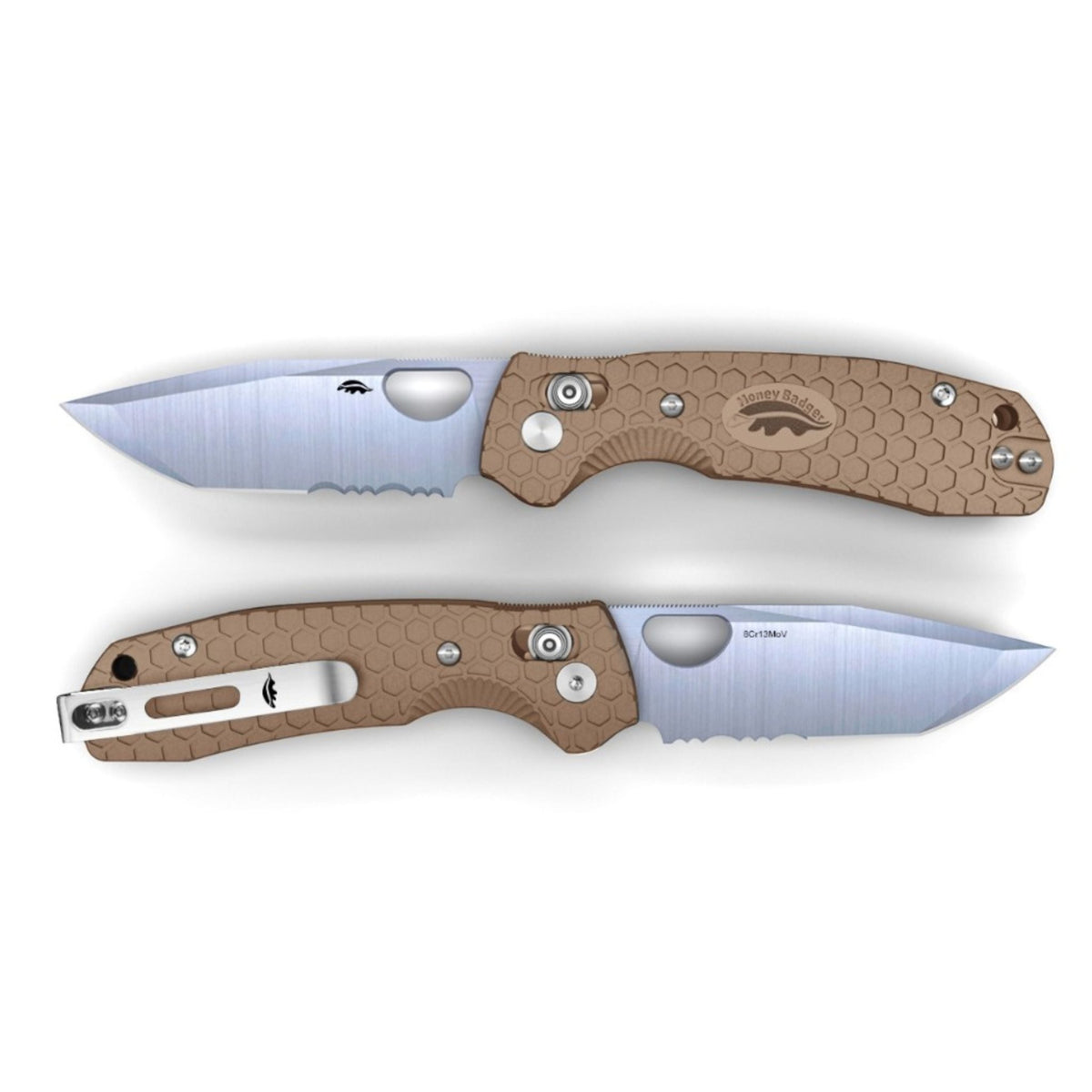 Medium-Large Tanto Crossbolt 50/50 Plain Serrated Knife - FRN Handles - 8Cr13MoV Steel - Dealer - Honey Badger Knives- HB6122